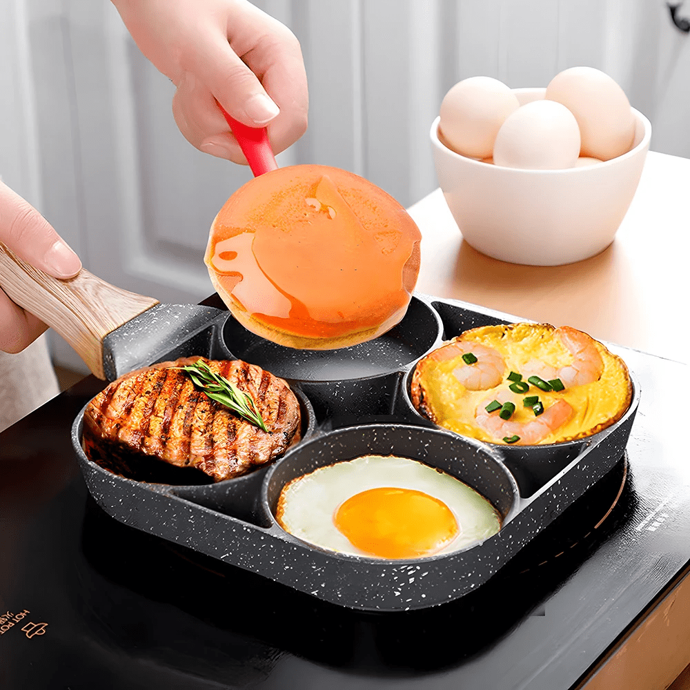 4 Hole Omelet Pan for Burger Egg Ham Pancake Maker Wooden Handle Frying Pan